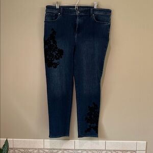 Chico's Dark Blue Ankle Jeans with Black Floral Accents